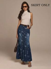 COSMINA 女士优雅玫瑰提花美人鱼长款牛仔半身裙，通勤、办公、休闲约会、春季皆宜 - 深色水洗藍 - 查看 2