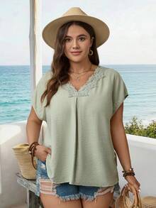 Parysyn Plus Size Women's Sage Green Summer Elegant Blouse,Vacation Holiday Beach V Neck Lace Trim Pleated Front Dolman Short Sleeve Loose Fit Casual Top - Green - View 6