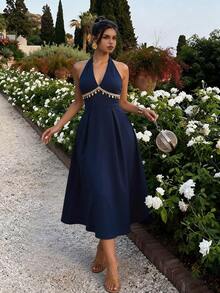 Lucivie Đầm midi nữ màu xanh navy cổ yếm khoét sâu cổ chữ V đính hạt, kiểu dáng thanh lịch và thoải mái - Đầm dự tiệc cocktail không tay dành cho nữ. - Màu xanh lam - Xem 4