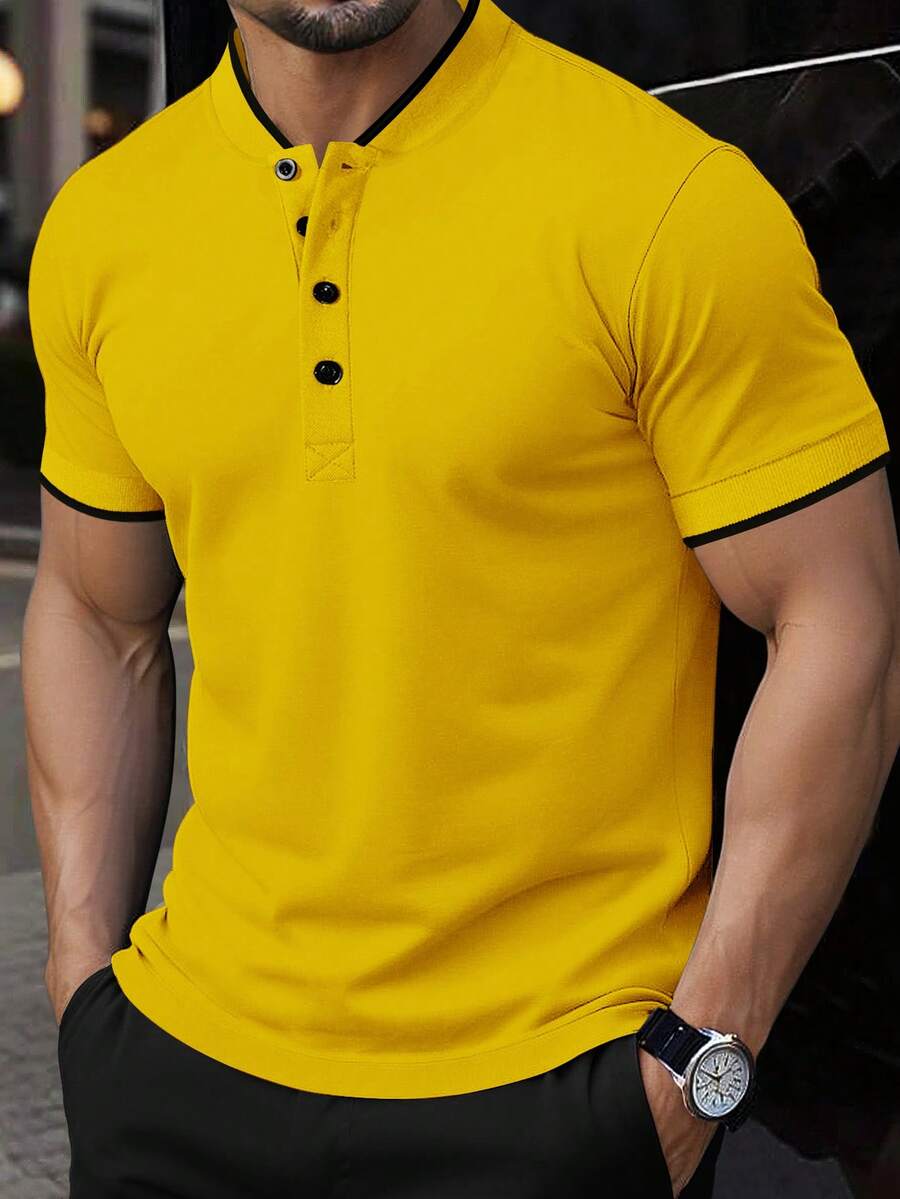 Manfinity Homme Men's Casual Button-Up Short Sleeve Polo Shirt, Formal - Yellow - View 1