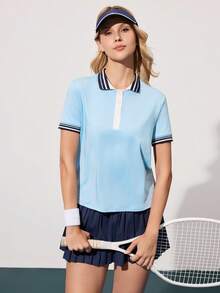 CourtClass Áo polo tay ngắn phối sọc tương phản dành cho nữ mùa hè, kiểu áo tennis. - Màu xanh nhạt - Xem 5