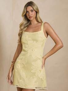 Enchnt 女士休闲纯色花卉刺绣无袖连衣裙，夏季 - 黃色 - 查看 3