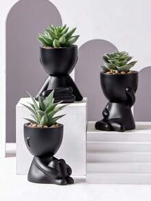 1PC Artificial Succulent Plants Single Pot Small Human Shaped Succulent 3 Styles Optional Black Ceramic Pot Cartoon Design Green PP PE Material For Desktop Home Garden School Dorm Office Decor - Black - View 6