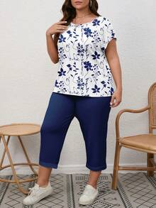 EMERY ROSE 两件套加大码女式蓝白树叶印花短袖上衣和裤子套装，适合度假穿着 - 彩色 - 查看 4