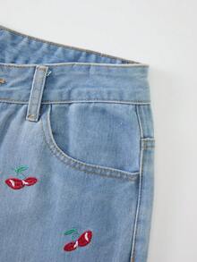 GlowEve 女士休闲日常穿着樱桃刺绣口袋纽扣牛仔裤 - 藍色 - 查看 7