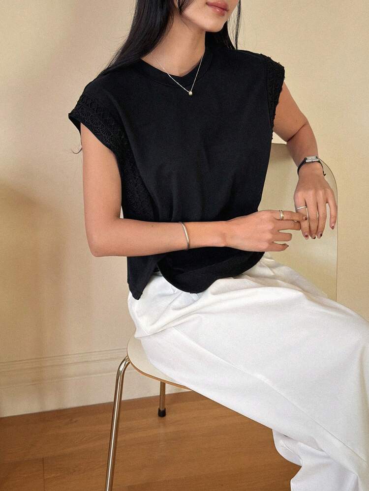 Women's Crew Neck Sleeveless Lace Patchwork Casual Pullover T-Shirt Summer