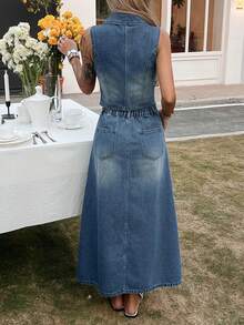 DAZY 女士牛仔背心上衣和宽松长款牛仔裙度假风两件套 - 中等水洗藍 - 查看 6