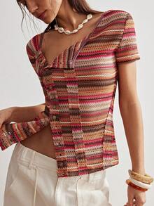 Bohemela Women's Pink Stripe Y2K Summer Boho Vacation Imitation Crochet Knitted Asymmetrical Placket T-Shirt,Bohemian Music Festival Casual Short Sleeve Top - Multicolor - View 3