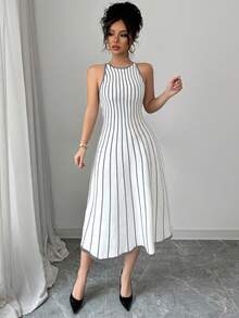 Franclia New Vintage Striped Patchwork Contrast Color Round Neck Sleeveless Knit Dress For Women - Light Grey - View 6