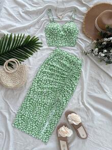 Soleia 女式夏季碎花吊带背心和荷叶边中长裙休闲套装 - 綠色 - 查看 4