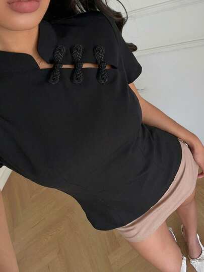 Aloruh قميص نسائي كاجوال بأكمام قصيرة وأزرار على الطراز الصيني