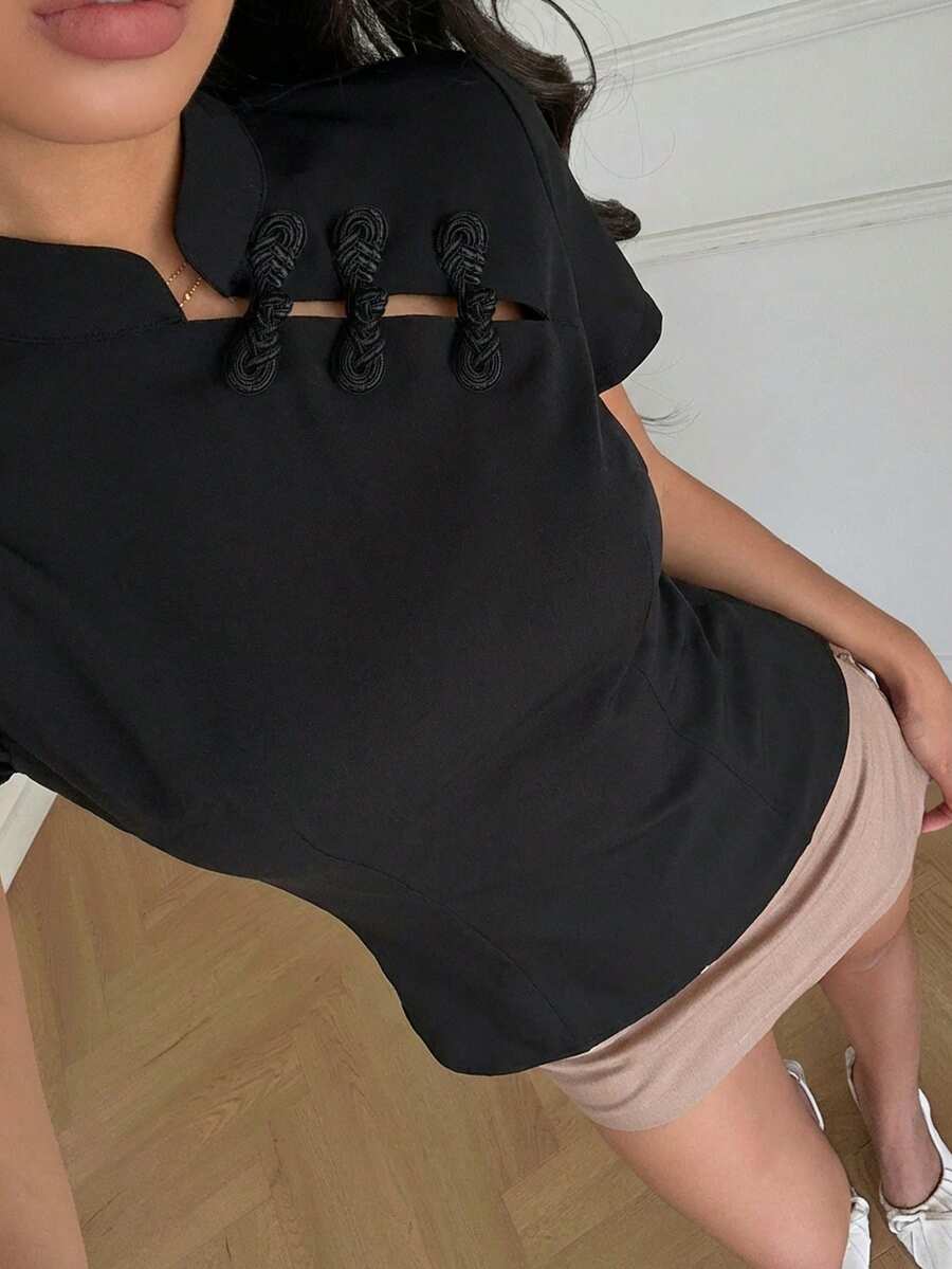 Aloruh 女士休闲纽扣短袖中国风衬衫 - 彩色 - 查看 1