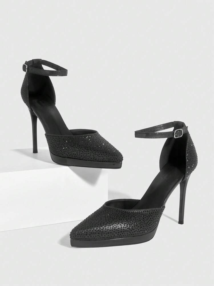 CUCCOO SZL Women Shoes Women's Pointed Thin High Heel Height Water Platform Black Rhinestone Women's High Heel Shoes Ankle Strap Hollow Shoes Wedding Party Banquet Nightclub Stylish Gorgeous Simple High Heel Women's Shoes Spring Shoes