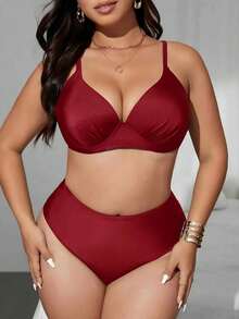 Swim Lushoire Women's Solid Color Underwire Bra Bikini Set With Adjustable Straps, Stylish, Fashionable, And Casual Beachwear - 紅玫瑰 - 查看 6