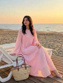 Solavon 女士优雅灯笼袖褶裥长连衣裙，简约风格，秋季之选 - 淺粉色 - 查看 3