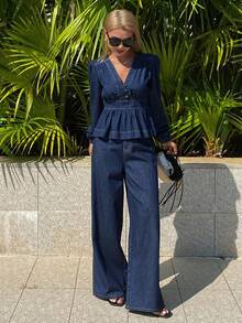 DAZY Women's V-Neck Top & Flare Jeans Set - Blue - View 4