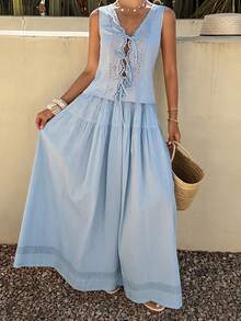 Livesso Women's Summer Blue Lace-Up Blouse And Casual Skirt 2 Pieces Set, Suitable For Holidays, Weddings, Graduations, Easter - Blue - View 4