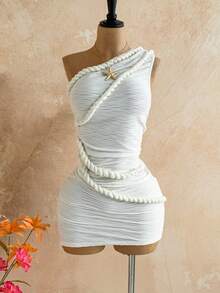 Soleia New Vacation Braided One Shoulder Slim Fit Mini Dress, Bohemian, Boho, Vacation, Fall Women Clothes, Vintage, Holiday,Summer Dresses For Women - White - View 6