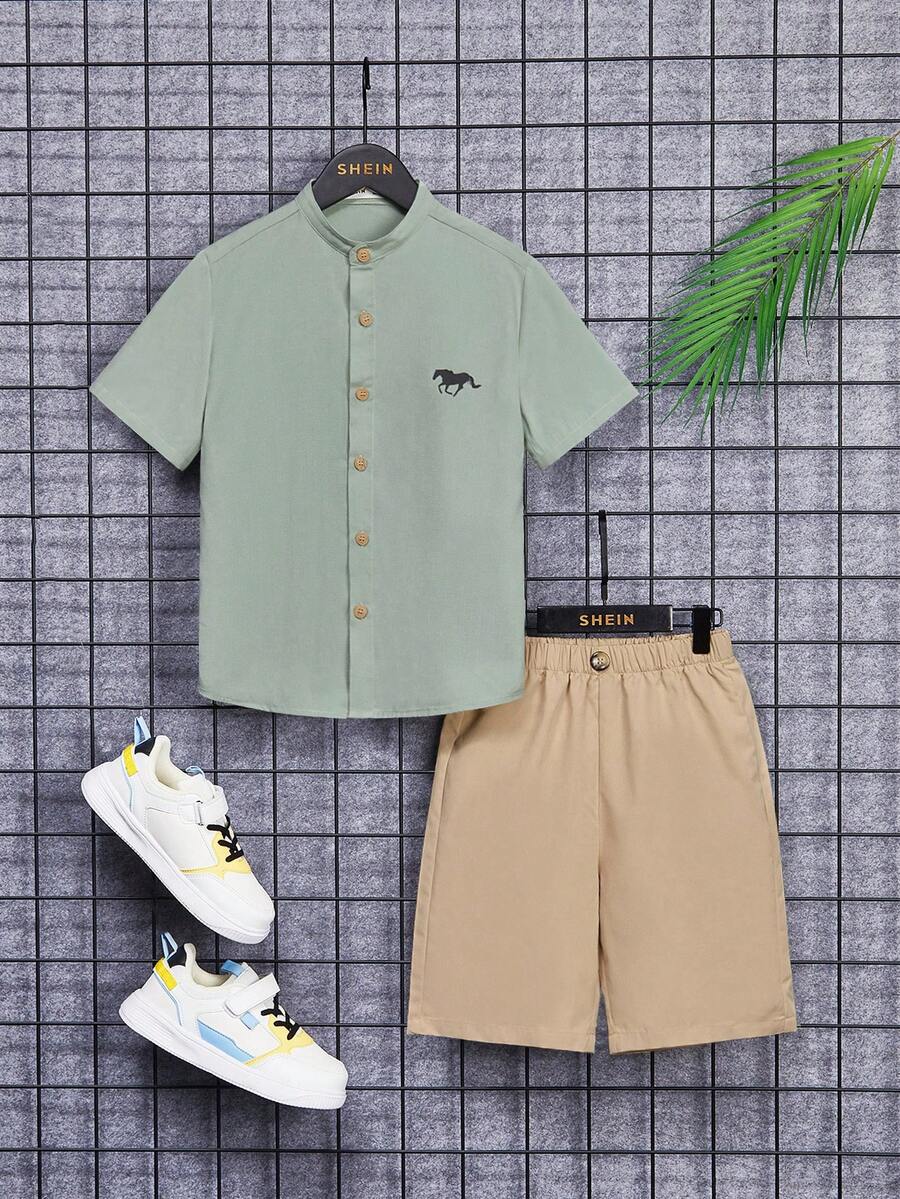 SHEIN Tween Boy Mandarin Collar Single-Breasted Shirt And Shorts Set, Suitable For Summer - Mint Green - View 1