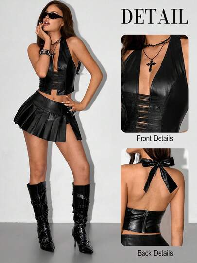 SHEIN ICON Y2k Women's Goth Black Concert Club Going Out Coachella PU Leather Halter Tie Backless Tassel Hollow Out Design Fashionable Versatile Top For Dates & Parties, Spring To Summer