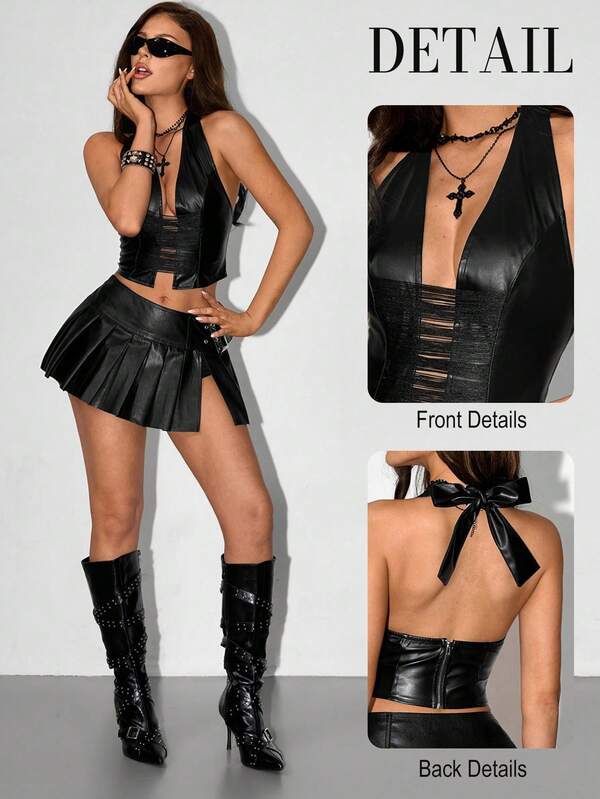 SHEIN ICON Y2k Women's Goth Black Concert Club Going Out Coachella PU Leather Halter Tie Backless Tassel Hollow Out Design Fashionable Versatile Top For Dates & Parties, Spring To Summer