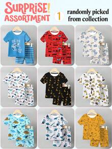 [1 Set] Young BoyCute Cartoon Animal, Gamepad, Astronaut Print Short Sleeve Shorts Snug Fit Pajama Set, Random Assortment - Multicolor - View 8
