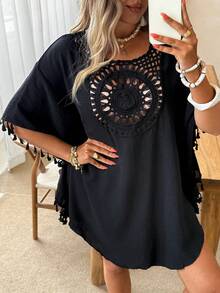 Ceyna Plus Size Casual Vacation Solid Color Fringe Decor Dress Women's Beach Cover Up Women's Summer Outfits Women's Tops For Summer Women 2 Pieces Outfit Casual Bikini Cover Ups Dress Bathing Suits For Women Cover Ups Beach Dresses For Women Cover Up Blouse For Women Casual Blouses For Women T Shirt - Black - View 6