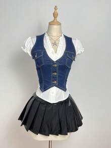 Elamini Y2K Fashion Casual Button-Up Sleeveless Denim Vest With Pockets - Dark Wash - View 3