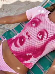 INAWLY Y2K Crop Top, Women Street Fashion, Portrait Graphic Tee - Pink - View 1