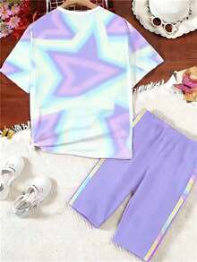 少女短袖印花T恤套装，休闲舒适的春夏装，时尚设计，适合户外活动、野餐、街头摄影、居家、学校、节日等场合，也是馈赠佳品。 - 彩色 - 查看 2