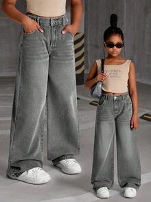 SHEIN Explorewe Quần jeans ống rộng denim mài bạc kiểu retro đa năng, dễ phối đồ cho bé gái tuổi teen. - Xám - Xem 6