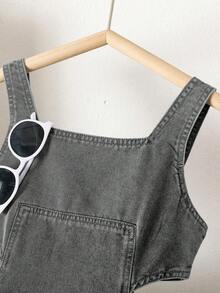 SHEIN Đầm denim wash phong cách Y2K đa năng dành cho bé gái tuổi teen, đầm ống rộng dáng retro với eo chun co giãn và thiết kế khoét rỗng. - Xám - Xem 6
