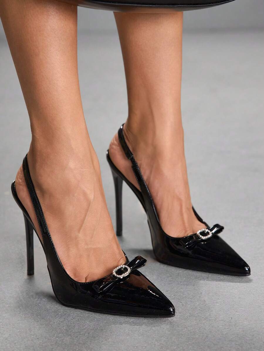 CUCCOO SZL Women Shoes Pointed Thin High Heel Black Bow Diamond Buckle Slingback Women's High Heel Shoes Fashion Sexy Dinner Party Women's Shoes - 6688-55 Mirror black - View 1