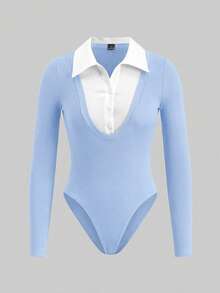 SHEIN EZwear 休闲简约修身白色领连体衣，搭配蓝色罗纹连体衣，二合一衬衫领连体衣，适合春夏穿着，百搭办公风格 - 藍色 - 查看 5
