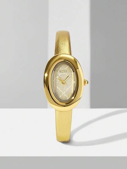 MOTF PREMIUM RELOJ DE MUJER DE METAL CON PATRÓN DE RECTÁNGULO DORADO ELÍPTICO