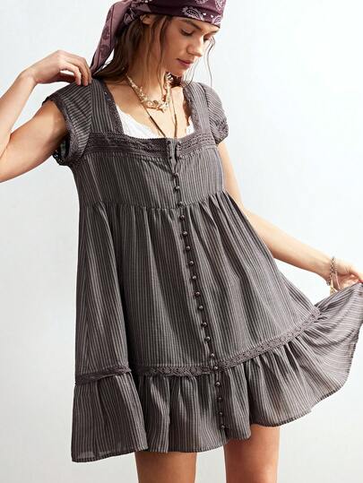 Bohemela Casual Woven Striped Loose Mini Dress For Women