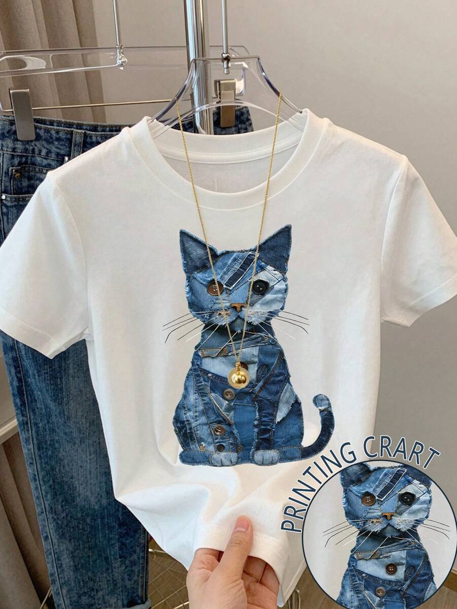 Resyla 女士休闲猫咪印花短袖T恤，夏季 - 白色 - 查看 1