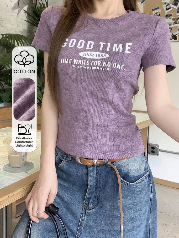 Women's Casual Letter Print Round Neck Short Sleeve T-Shirt, Summer Graphic Tees Women