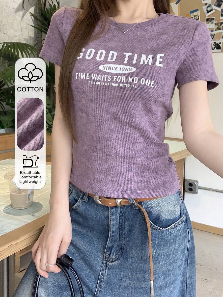 DAZY Women's Casual Letter Print Round Neck Short Sleeve T-Shirt, Summer Graphic Tees Women - Purple - View 1