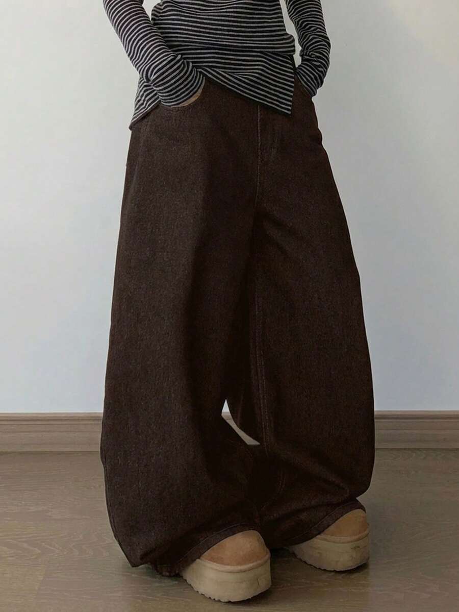 DAZY Quần jeans ống rộng dáng suông thời trang thường ngày cho nữ, thích hợp đi làm. - màu nâu - Xem 1