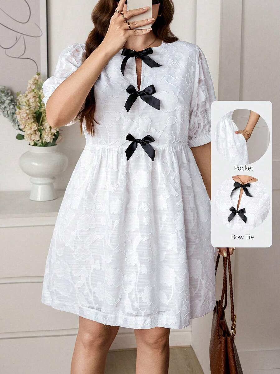 SHEIN LUNE Đầm dự tiệc/hẹn hò thời trang xếp ly, trang trí nơ, cỡ lớn dành cho nữ. - trắng - Xem 1