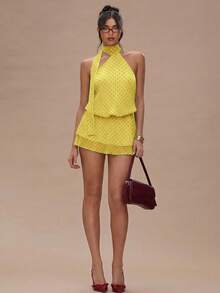 SHEIN BAE Women's Polka Dot Print Ruffle Hem Halter Neck Dress,Summer Dresses For Women - Mustard Yellow - View 3