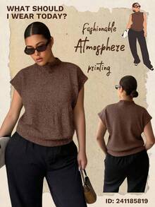 Dripcurv 女士加大码灰色优雅高领宽松休闲百搭无袖针织背心，秋冬季必备 - 棕色 - 查看 7