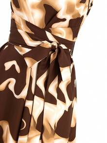 Ellevyn Vacation Casual All-Over Print Belted Sleeveless Dress - Brown - View 4