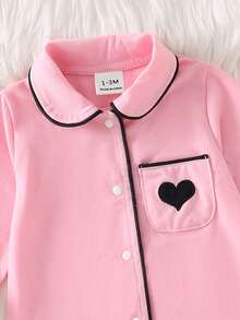 Newborn Footed Pajamas, Elegant Embroidered Heart Pattern, Front-Open One-Piece Soft Solid Color, Skin-Friendly & Comfortable - Pink - View 4