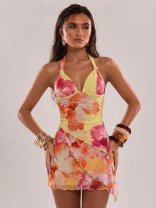 SHEIN BAE 春夏休闲度假露背吊带不对称下摆连衣裙，适合春夏度假、姐妹度假、海滩度假、海滩旅行、音乐节、Y2K风格，性感可爱，印花度假连衣裙 - 淺粉色 - 查看 4