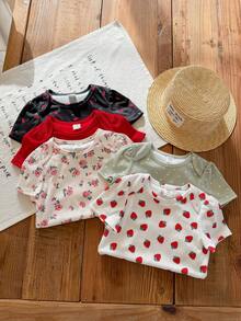 SHEIN LMoss Kids 5件套新生女宝宝夏季可爱针织碎花波点卡通印花短袖连体衣 - 彩色 - 查看 6