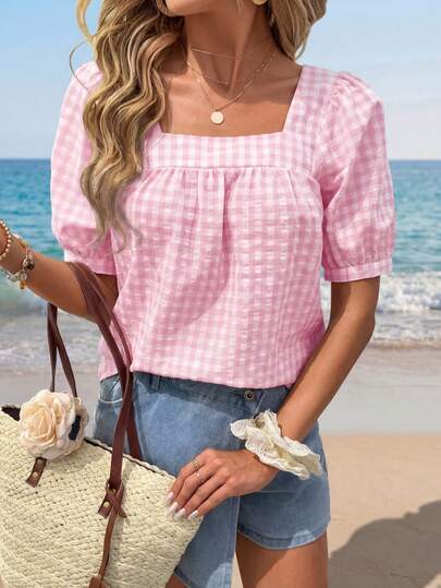 Sylviya Women's Casual Square Collar Plaid Short Sleeve Blouse, Spring/Summer,Casual