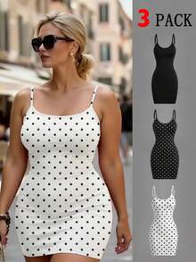 Easura 3件套加大码女士优雅休闲波点吊带连衣裙和半身裙套装 - 黑與白 - 查看 8