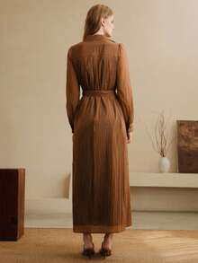Arave Women's Dark Brown Elegant Long Sleeve Shirt Dress,Button-Down Pleated Nylon Fabric Casual Dress With Tie Waist,Autumn Office Outfits For Vacation - Coffee Brown - View 3
